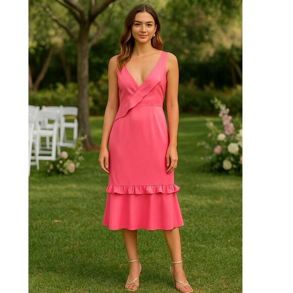 NWT Anthropologie Vone ruffle pink Yuli midi Dress, L - Picture 1 of 15